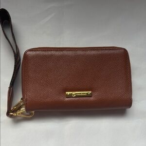 Joy Mangano Leather Double Wallet Wristlet Tan with Gold Accents EUC